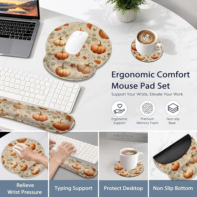 Pumpkin Wrist Rest Support for Mouse Pad Keyboard Set, Autumn Maple Leaves Mouse Pad with Non Slip Rubber Base for Home and Office Typing Support