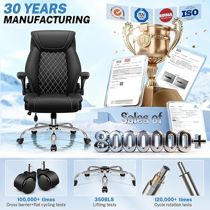 Office Chair, Big and Tall Ergonomic Desk Chair, Executive Leather Computer Chair with Adjustable Lumbar Support, Comfy Gaming Chair with Flip Up Arms, Swivel PC Chair with Rocking Function, Black