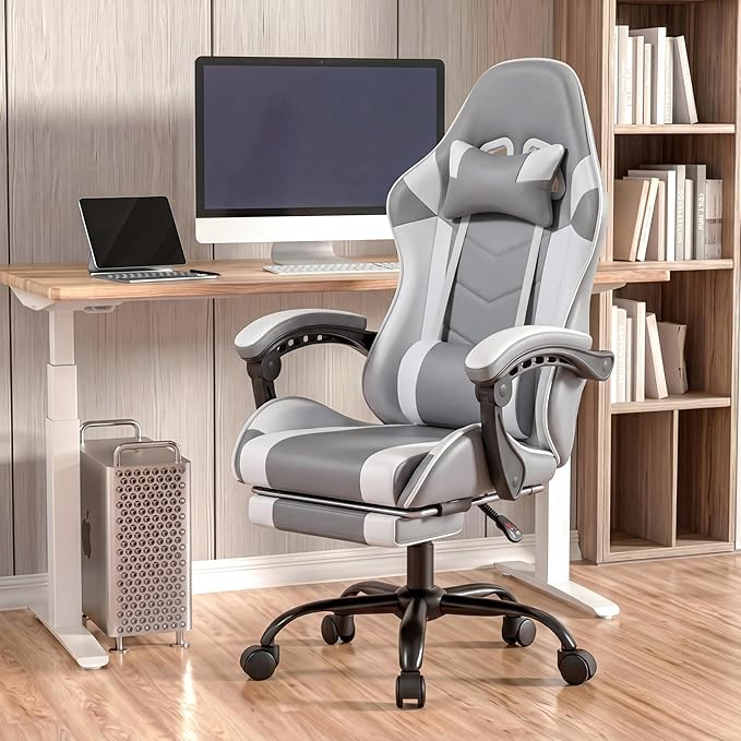 Gaming Chair, Ergonomic Computer Chair with Footrest and Lumbar Support, Height Adjustable Office Chair with 360° Swivel Seat and Headrest (White)