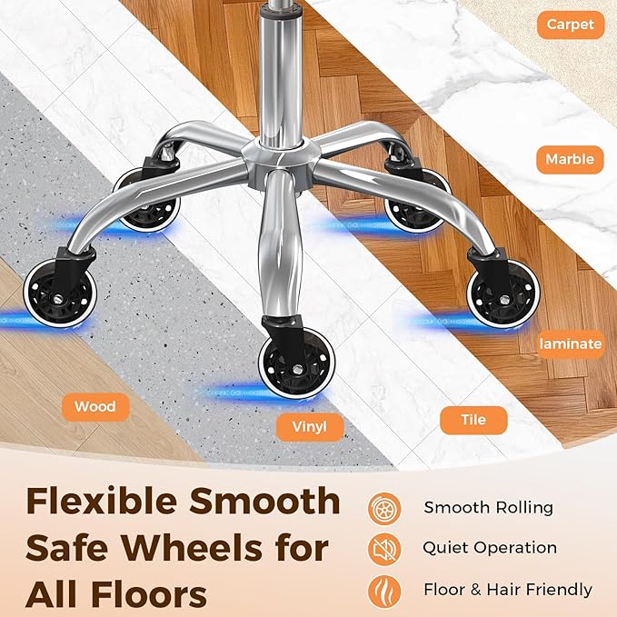 Rolling Stool Chair with Wheels, Office Drafting Chair with Back Support, Height Adjustable Standing Desk Stool with PU Leather Cushion for Home Office Kitchen Vanity Spa Garage Tattoo Dentist, Black
