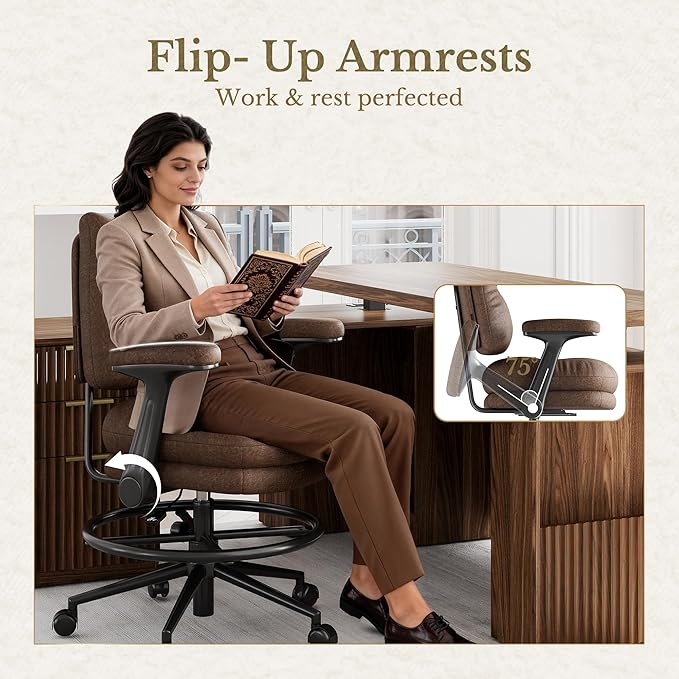 Executive Drafting Chair, Extral Thick Tall Office Chair with Padded Flip-Up Armrests, Mid-Back Cushioned Seat, 360° Swivel Rolling Computer Desk Chair, Vintage Brown