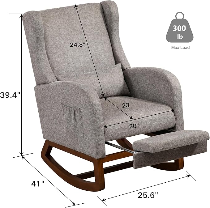 Chifee & Vingol Rocking Chair Nursery with Foot Rest & Pillow,Polyester,Light Grey