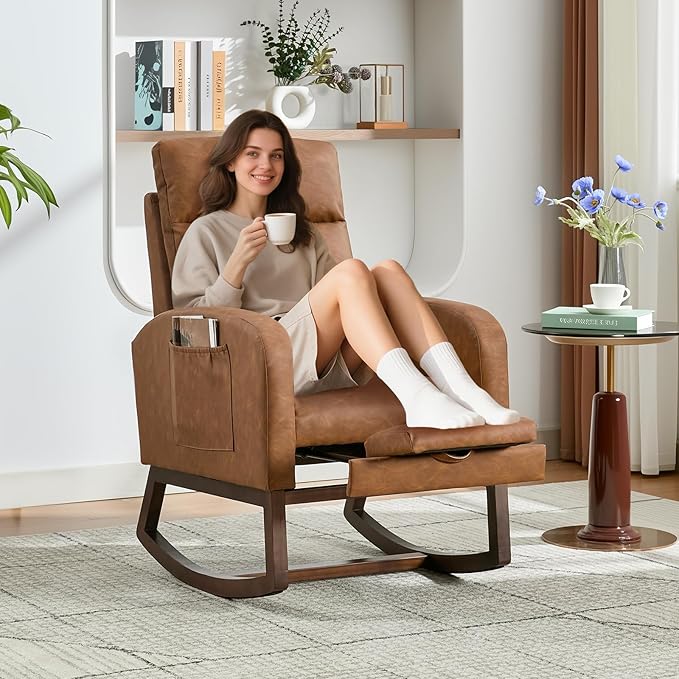 GarveeHome Rocking Chair Nursery with Foot Rest, Modern PU Upholstered Reading Glider Rocker Accent Armchair with High Backrest, Padded Seat, Side Pocket, for LivingRoom, Bedroom, Baby Room, Brown