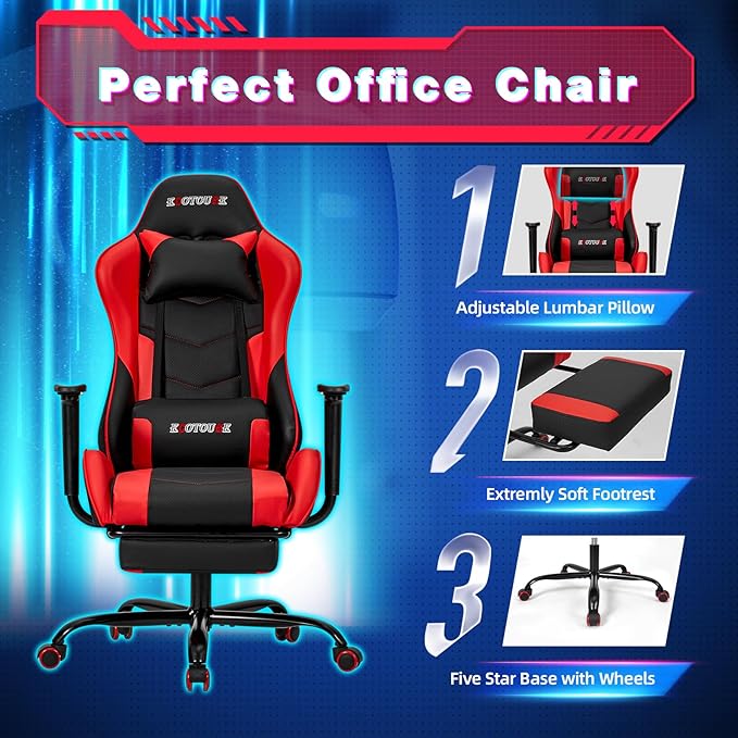 ECOTOUGE PC Massage Gaming Chair with Footrest Ergonomic Office Desk Chair Racing PU Leather Recliner Swivel Rocker with Headrest and Lumbar Pillow,Red