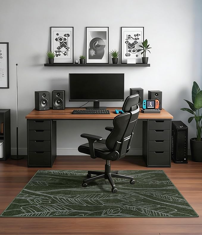 chakme Office Chair Mat for Hardwood Floor, 48"x36" Easy Glide Computer Desk Mat Protector for Rolling Chair Under Desk Rug Nonslip Backing, Machine Wash, (Dark Green Leaf)