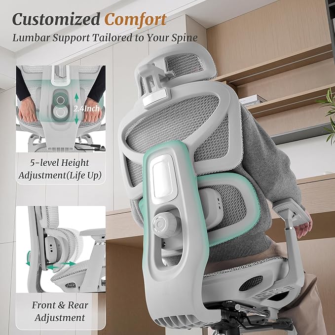 Cozyman Ergonomic Office Chair with Footrest - 5-Level Adjustable Lumbar Support & 90-135°Recline, 3D Headrest & 4D Armrests, Breathable Mesh Seat Computer Chair for Home Office, Gaming, Light Grey