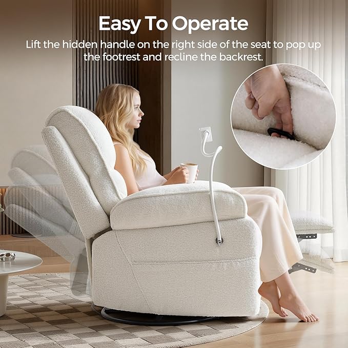 YuuYee Teddy Fleece 360° Swivel Rocker Recliner Nursery Rocking Chairs with Phone Holder Manual Gilder Recliner Chair with Wide Foot Rest for Living Room and Baby Room