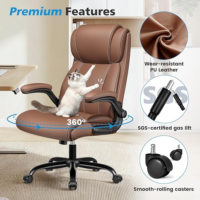 Ergonomic Office Chair – High Back Leather Desk Chair with Adjustable Lumbar Support & Flip-Up Arms, Premium Padded Seat for Home Office Desk, Brown