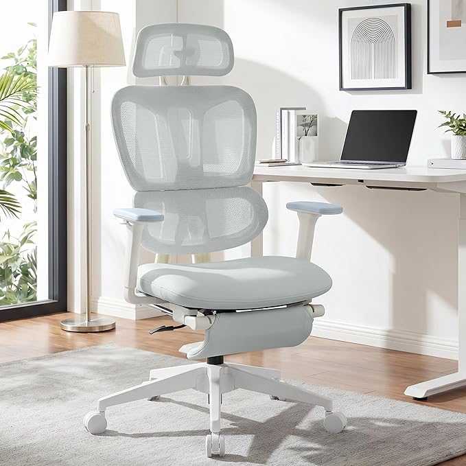 Ergonomic Office Chair with Footrest, 90-135° Reclining High Back Desk Chair with Lumbar Support, 2D Headrest, 2D Armrests, Computer Chair for Long Hours, Light Grey