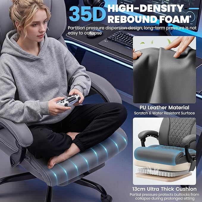 Massage & Heat Office Chair with Footrest, 400LBS Reclining Ergonomic Executive Chair for Big & Tall, High Back Home Office & Gaming Desk Chairs for Heavy People, Grey