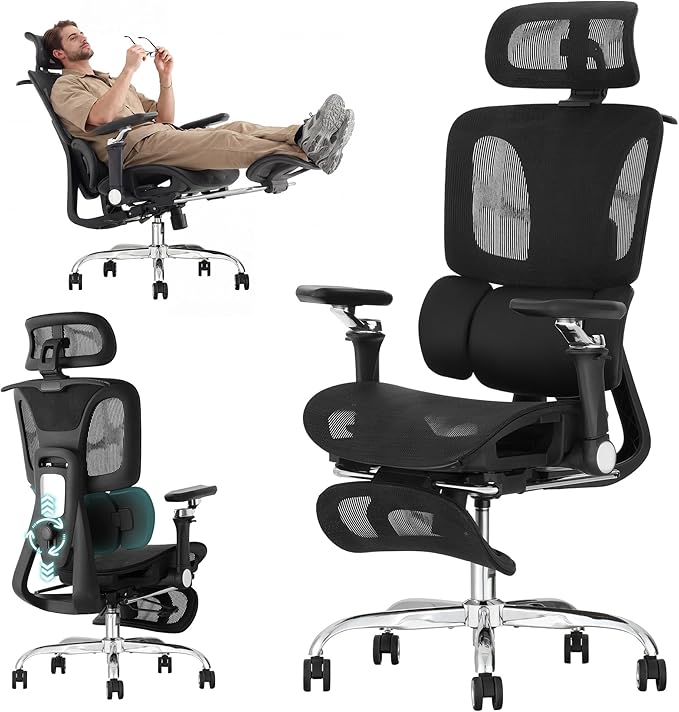 Ergonomic Office Chair with 3-Zone Dynamic Lumbar Support, Big and Tall Mesh Office Chair with Footrest, Adjustable Seat Depth,4D Headrest,6D Armrests, Swivel Executive Chair for Home Office,Black