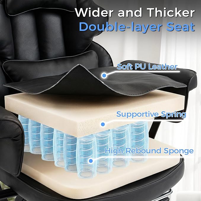 Big and Tall Massage Office Chair with Heat, Extra Wide Double-Layer Pocket Spring Cushion, High Back Reclining Gaming Chair with Adjustable Armrests & Footrest, Heavy Duty Ergonomic Chair, Gray
