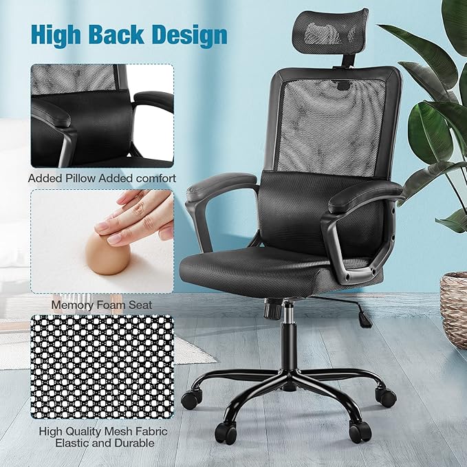 OLIXIS Ergonomic High Back Office Chair – Breathable Mesh with Adjustable Headrest and Lumbar Support, Executive Padded Armrest, Height Computer Task Swivel Rolling, Black (WY56597BK)