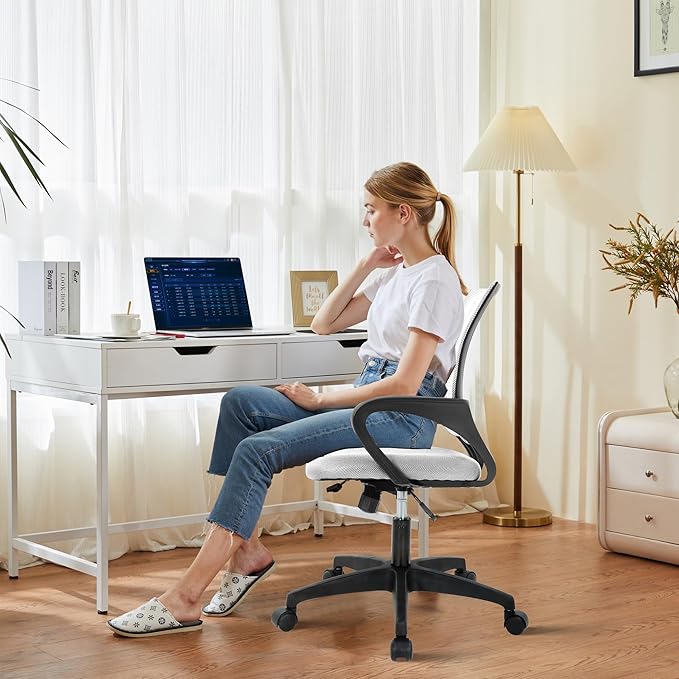 Office Chair,Work Chairs for Home Office,Ergonomic Desk Chair with Lumbar Support,Mesh Office Chair with Arm and Wide Comfortable Seat,Adjustable Rolling Office Chair,White