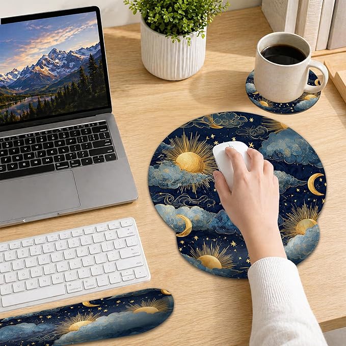 Starry Night Keyboard Wrist Rest Pad Ergonomic Mouse Pad Set,Sun Moon 3 in 1 Memory Foam Mouse Pad with Non Slip Base for Office and Home