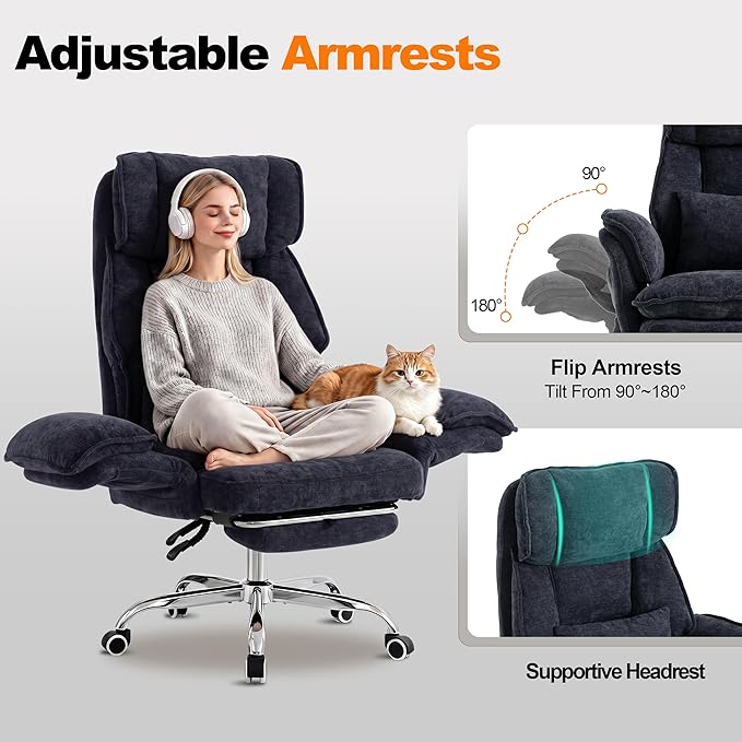 Okeysen Office Chair with Flip Armrests, Big and Tall Office Chair with Foot Rest & Lumbar Pillow, Wide Reclining Desk Chair for Cross Legged Sitting & Pets, Executive Ergonomic Computer Gaming Chair