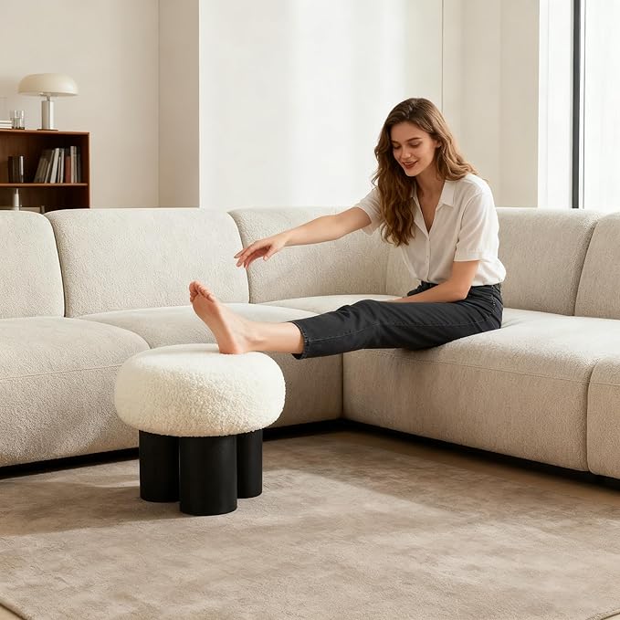 Round Foot Stool, Small Mushroom Ottoman Pouf Footstools Modern Boucle Ottoman Footrest Under Desk, Teddy Foot Rest for Couch Sofa Comfy Floor Step Stool for Living Room,Bedroom,Office(White)