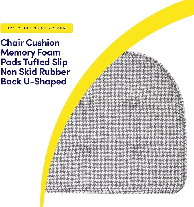 Sweet Home Collection Chair Cushion Memory Foam Pads Tufted Slip Non Skid Rubber Back U-Shaped 17" x 16" Seat Cover, 12 Count (Pack of 1), Houndsooth Gray