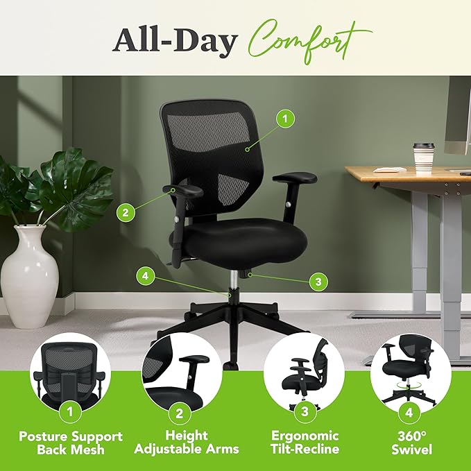 HON Prominent High Back Ergonomic Office Chair with Adjustable Center‑Tilt Recline, Height Adjustable Arms, Swivel Desk and Computer Chair for Home Office or Workstation, Black