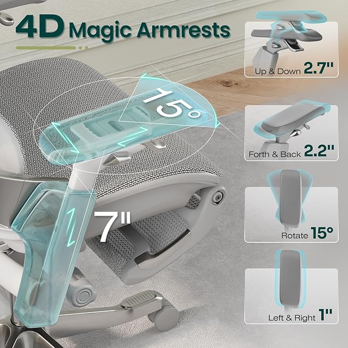 GABRYLLY Ergonomic Office Chair, Home Mesh Desk Chair with Sync Lumbar Support & Sliding Seat, 4D Arm, 150° Recline, Adjustable Back,Big & Tall Computer Chair-Footrest,Aluminum Base, Gray,FLOW550