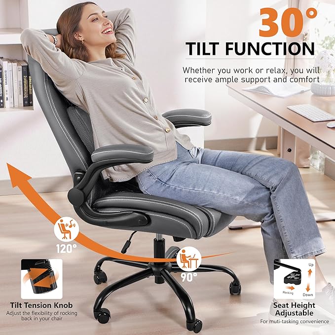 BESTFAIR Office Chair, Ergonomic Computer Desk Chairs with Lumbar Support for Lower Back Pain Relief, Executive Leather Home Chair Comfy with Padded Flip-up Armrests, Gray, 6-Pack