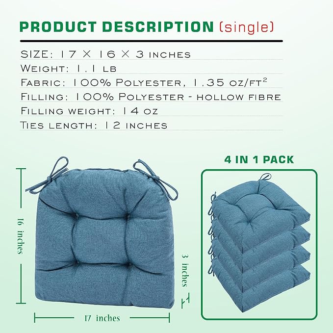 SQUARE MOON Chair Cushions for Dining Chairs, 3 Inch Thick Comfortable Kitchen Chair Pads, Dining Room Seat Cushions with Ties, Machine Washable, 17" x 16" x 3", 4/Pack, Blue
