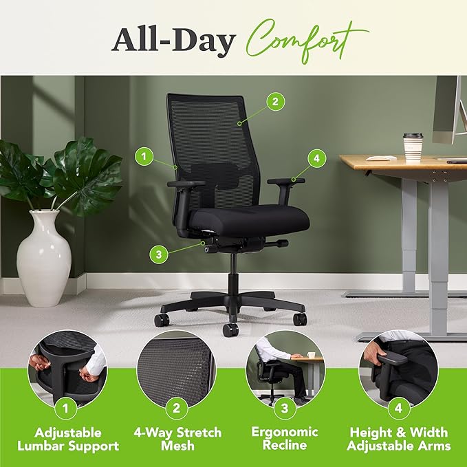HON Ignition 2.0 Mid Back Task Chair, Spectrum Mesh, Advanced Synchro-Tilt Control, Office Chair with Lumbar Support, Height and Width Adjustable Arms, Titanium Frame, Quicksand