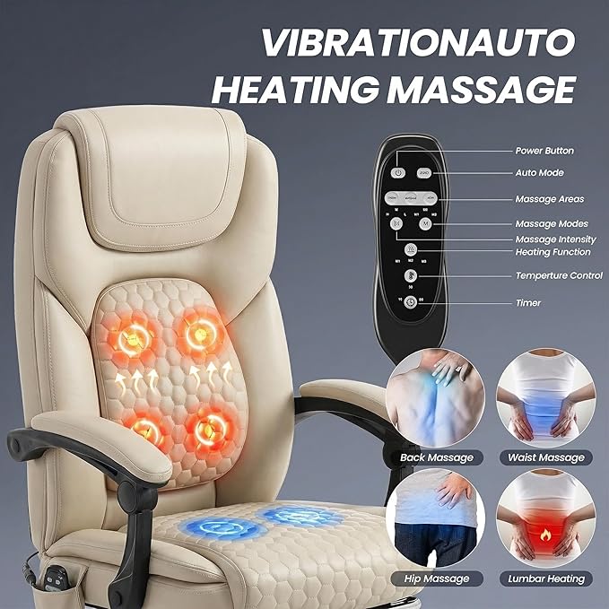 MALOL Massage Office Chair with 3-Level Heat and Footrest – 20-Min Easy Assembly, 300 lbs Big and Tall Reclining Desk Chair, PU Leather Ergonomic Executive Computer Chair with Side Pocket, Beige