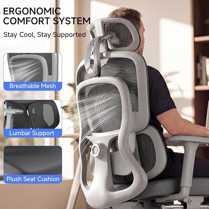 Ergonomic Office Chair with Footrest, 4D Armrests & Dynamic Lumbar Support, High Back Mesh Desk Chair with Adjustable Headrest, Reclining Computer Chair 380lbs for Long Hours (Grey)
