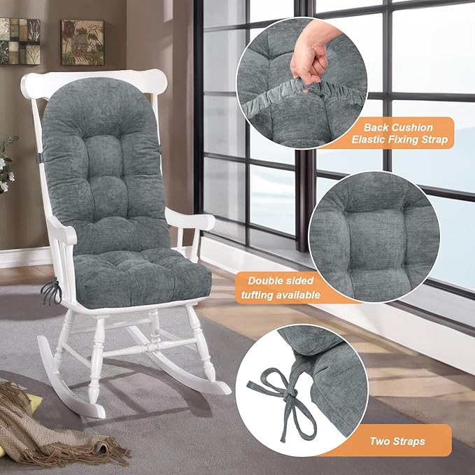 Rocking Chair Cushion - Chenille Fabric, High-Density Sponge, Durable Comfort Double-Sided Tufted Seat Pads with Ties, Chenille︱Pearl Light Grey, 44x19x4 inch