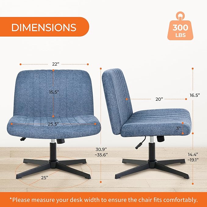 Orange Factory Criss Cross Chair No Wheel Wide Cross Legged Office Desk Vanity Chair Comfy Fabric Armless Adjustable Swivel for Home Computer Task (Blue No Wheel, Classic Fabric)