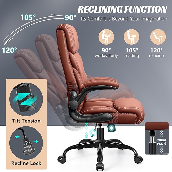 HeroSet Office Chair, Ergonomic Big and Tall Computer Desk Chairs, Executive Breathable Leather Chair with Adjustable High Back Flip-up Armrests, Lumbar Support Swivel PC Chair with Rocking Function