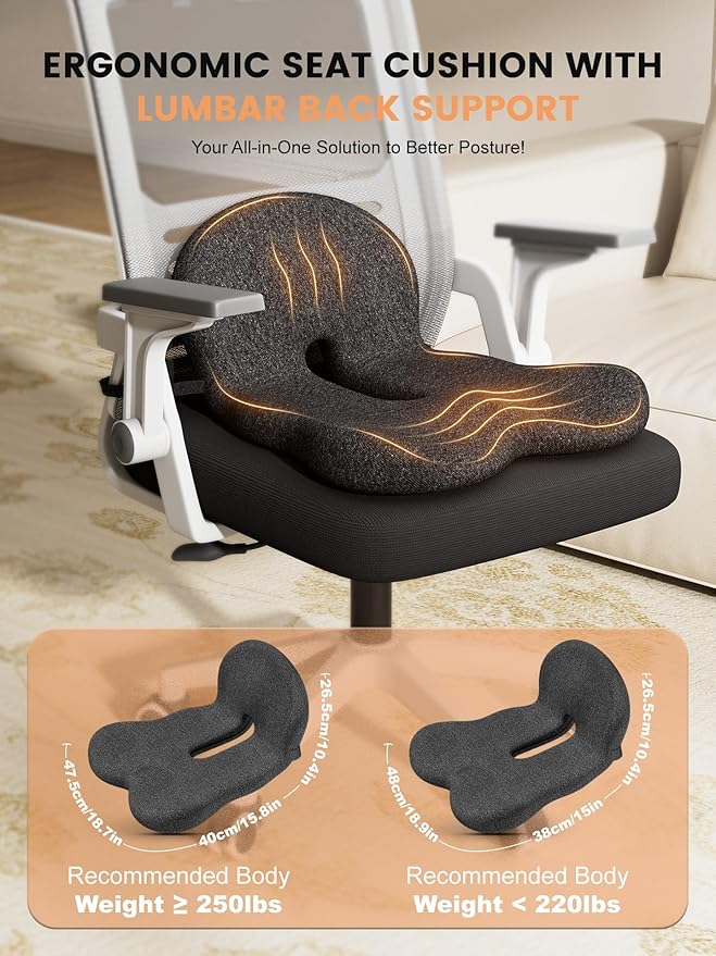 Office Chair Seat Cushion for Long Sitting Workers - L-Shaped Ergonomic Memory Foam with Tailbone Support & Adjustable Strap