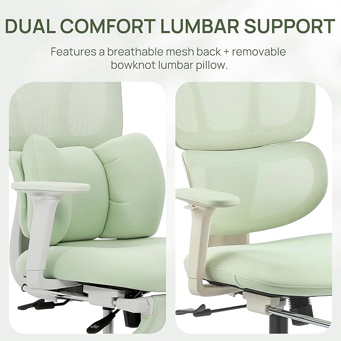 CabLady S1 Petite Ergonomic Home Desk Chair with Footrest and Headrest, High Back Fixed Lumbar Support with Detachable Pillow, Reclining Cute Office Chair for Women & Girls, 300 LBS Capacity