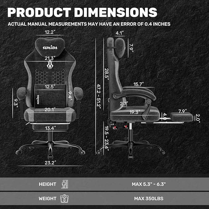 SUKIDA Fabric Video Gaming Chair, Ergonomic High-Back Computer Game Chairs with Large Massage Adjustable Lumbar Support, Headrest and Linked Armrests for Long Hours Sitting Task Chair, Black