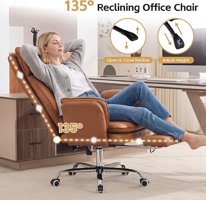 Big and Tall Office Chair, Cloud Reclining Office Chair with Footrest & Flip Armrest for Pets, Executive Ergonomic Criss Cross Desk Chair, Swivel Computer Gaming Chair with Lumber Pillow, PU Brown