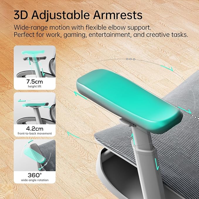 Hbada P2 Ergonomic Office Chair, Office Chair with 3D Lumbar Support, Mesh Chairs with 3D 360° Rotation Arm & 3D Headrest, 135° Stepless Tilt Function, White(with Footrest)