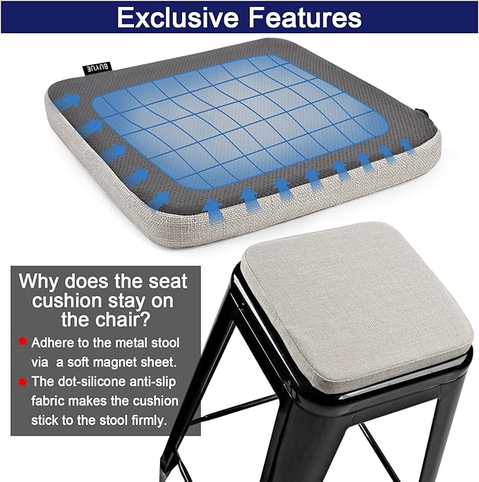 BUYUE Friendly Woven Fabric Magnetic Bar Stool Cushion 1 Piece, Enhanced Anti-Slip Breathable Small Chair Seat Pad for Café Bistro Stackable Metal Stool (Square, Light Grey, 1)