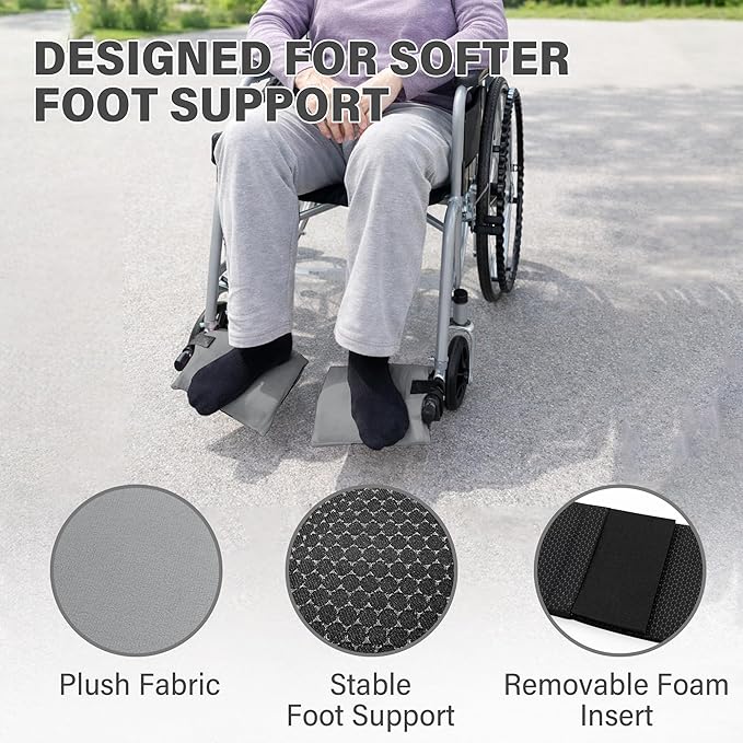 SPRING SEAON Wheelchair Footrest Covers, 1 Pair Soft Plush Foot Rest Pads with Non-Slip Backing, Removable Foam Insert, Hook-and-Loop Closure, Fits Most Standard Wheelchairs (Gray)
