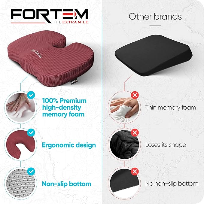 FORTEM Seat Cushion, Office Chair Cushion, Memory Foam Car Seat Cushions, Sciatica Coccyx Tailbone Pain Relief, Chair Cushions for Back Support, Sitting Pad for Gaming, Washable Cover, Non Slip