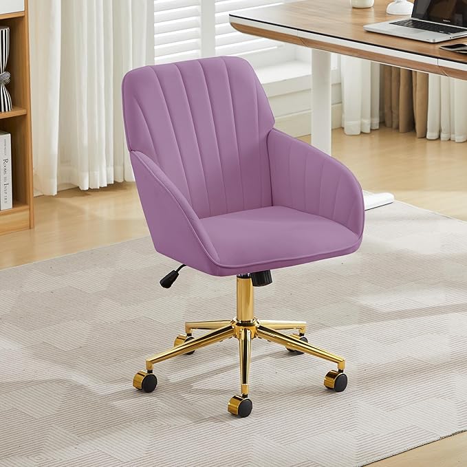 Velvet Home Office Desk Chair, Modern Cute Computer Task Chair with Back, Height Adjustable Upholstered Vanity Chair with Swivel Wheels for Women, Girls (Gold Base, Light Purple