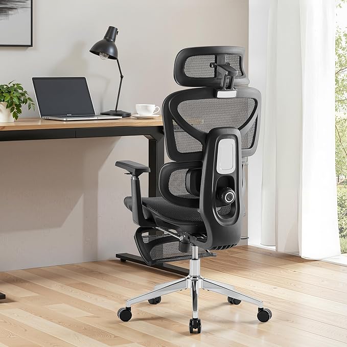 Cozyman Ergonomic Office Chair with Footrest - 5-Level Adjustable Lumbar Support & 90-135°Recline, 3D Headrest & 4D Armrests, Breathable Mesh Seat Computer Chair for Home Office, Gaming, Black