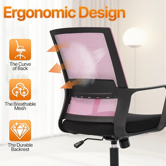 Ergonomic Office Chair, Comfortable Home Desk Chair, Breathable Mesh Back Computer Chair and Lumbar Support, Adjustable Height, Sponge Seat, Pink