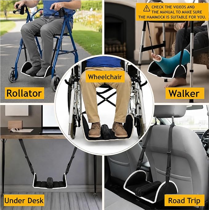 Premium Wheelchair Foot sling Hammock noncollapsible with separator and storage for Walker Rollator Holder long flight Leg attachment replacement elevating Portable Medical swing Essential Accessories