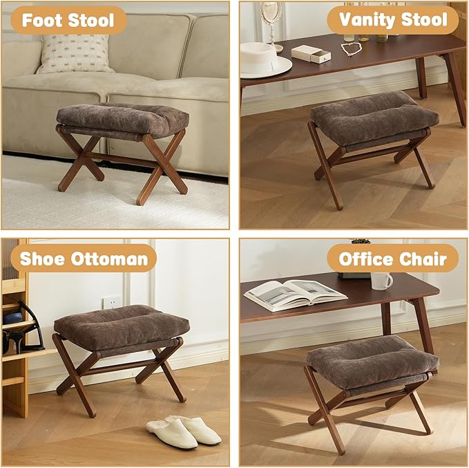 Baveke Ottoman Foot Rest- Bamboo Foldable Stool, Foot Stools Small Ottman with Upholstered & X Legs, Folding Stool for Makeup, Bedroom and Living Room (Small Brown)