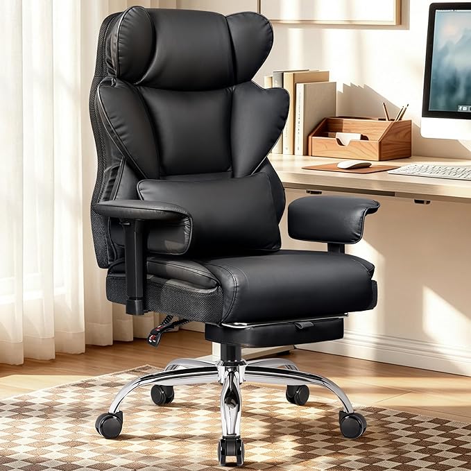 BESTFAIR Big and Tall Office Chair - Heavy Duty 400 LBS Executive Chair with Lumbar Support & Foot Rest, Plus Size Ergonomic Desk Chair, Padded Wide Seat, Adjustable Armrests, Flat Black