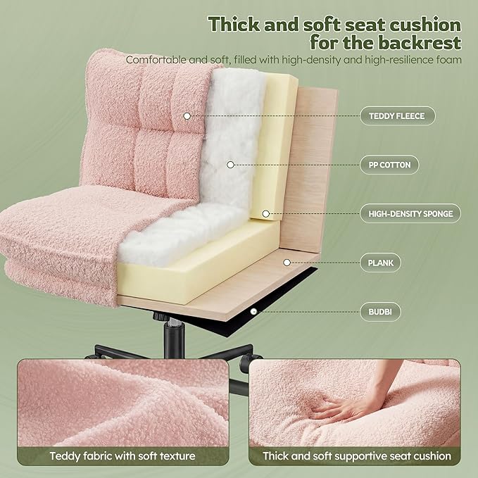 DurayLoly Criss Cross Chair with Wheels, 6.2" Extra Thick Cross Legged Office Chair, Height Adjustable Swivel Design for Home Office, Study & Vanity,Pink