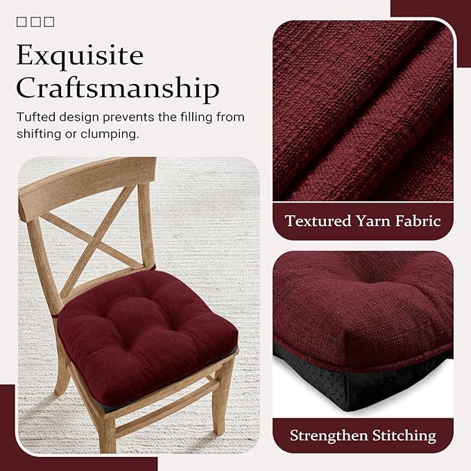 Wellsin Chair Cushions for Dining Chairs, Non-Slip Kitchen Chair Pads with Ties, Tufted Shredded Foam Kitchen Chair Cushions Set of 4, 15.5" X 15.5",Burgundy