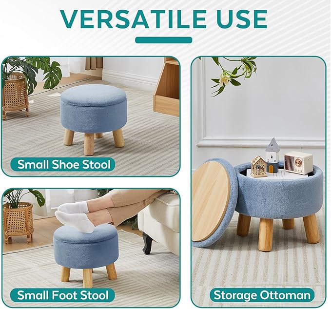 Small Foot Stool Ottoman with Storage, Soft Faux Fur Ottoman Foot Rest for Couch, Round Footstool with Storage, Small Ottomans and Footstools for Living Room and Entryway (Light Blue)