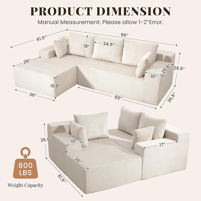 GRUSIGN Cloud Sectional Boneless Couches for Living Room, Modular L Shaped Couch with Deep Seat Oversized Left Facing Chaise, Memory Foam Compressed Spineless 3 Seater Sofa for Apartment, Beige | No Assembly Required, Deep Seat, Cat-Claw Resistant, Fle...